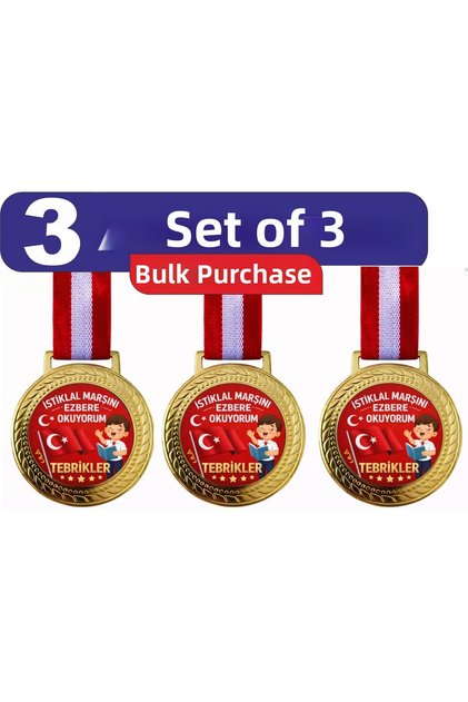 3 Pieces of the Istiklal Anthem I Read Aloud Medal - School Award Set with Gold Color Ribbons