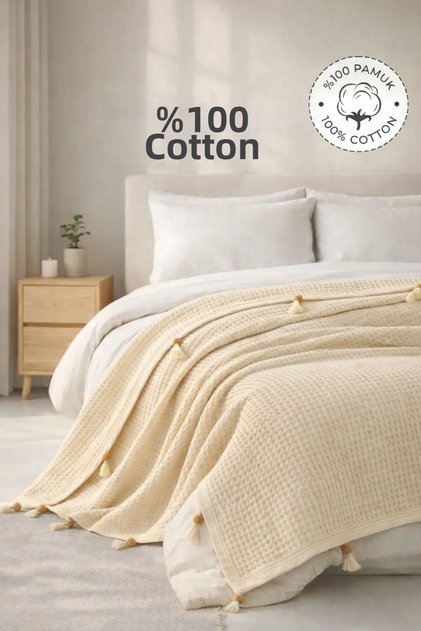 100% Cotton Double Bedspread Pique, Waffle Pattern, Cream Pique with Pompom