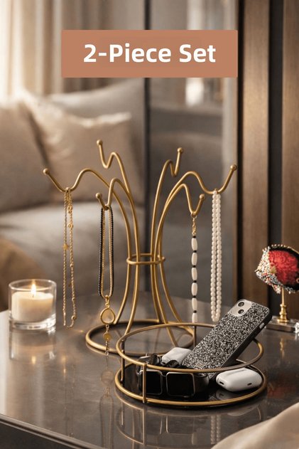 2-Pack Matte Gold Desktop Cosmetic Jewelry,Perfume,Towel Organizer + 6 Hook Jewelry Stand,Necklace Bracelet, Rosary Organizer