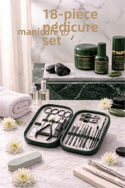 Professional 18-Piece Green Manicure & Pedicure Set - Stainless Steel, Portable Stylish Case