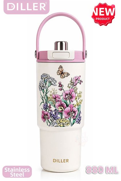 Diller Tumbler 880 ml Single Lid Dual Use Steel Thermos With/Without Straw and Carrying Handle-Ffd9505-88