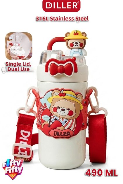 Diller 490 ml Single Lid Dual Use Steel Thermos with Straw and Without Straw with Neck Strap -Ffdd490Ml