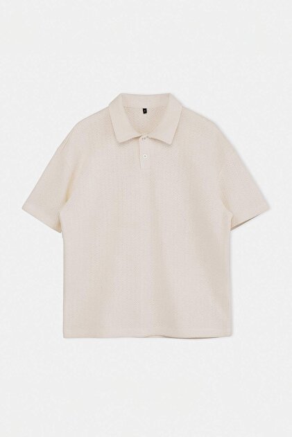 Trendyolmilla Man Ekru Oversize/Geniş Kesim Dokulu Polo Yaka T