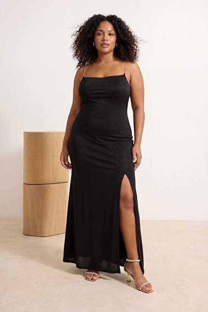 curve graduation dress Trendyol Black Lined Glitter Knitted Long Stylish Plus Size Evening Gown Night Tbbss26Ah00155 Introducing our stunning A