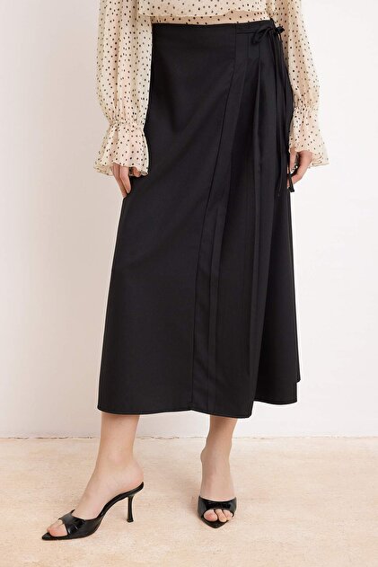 Trendyol Modest Black Pili Detailed Unlined Woven Skirt