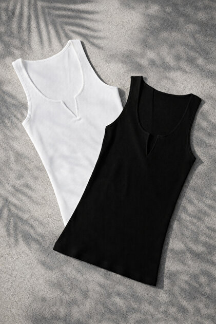 Model, Ribbed, Cotton Combed Camisole Fabric Thick Strap V-Neck Black and White Women's Undershirt