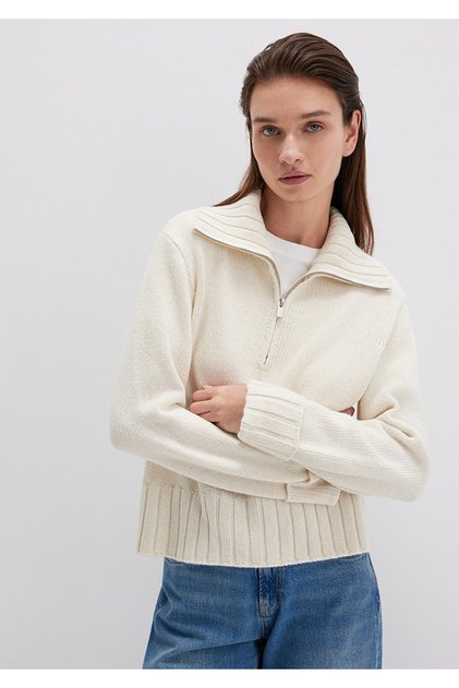 Wool Blend Semi-Zip Ecru Sweater Regular Fit / Regular Cut 1710703-82127