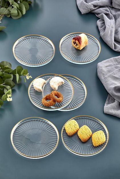 Set of 6 Glass Cake Dessert Plates - Gilded Luxury Cake Set (16CM)