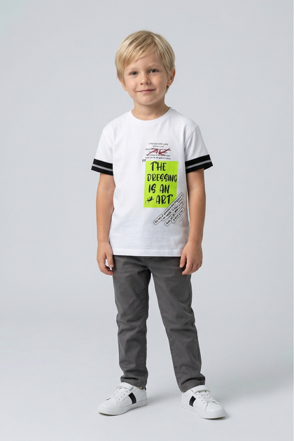 Boy's Comfort Fit White T-Shirt with Prints and Accessories