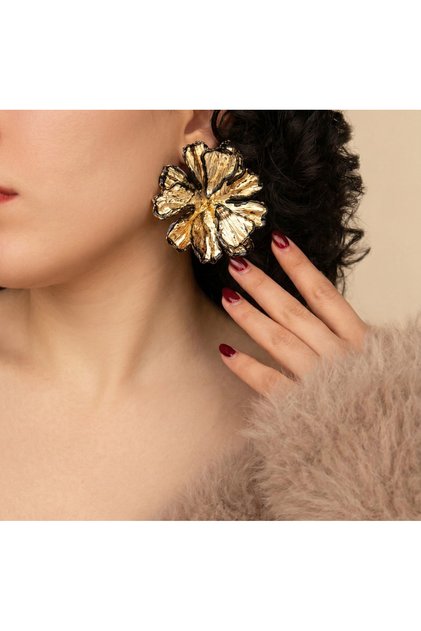 Kadın Zr Model Büyük Çiçek Figürlü 14K Altın Kaplama Gold Küpe