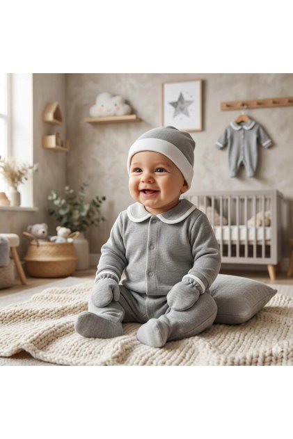 Unisex Baby Set 3-Piece (Overalls + Hat + Gloves) Cotton Newborn Hospital Release Gray Baby Set