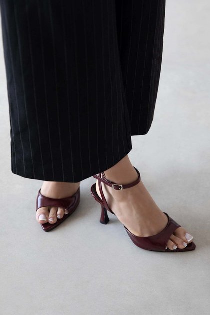 Boris Women's Heeled Wrinkled Leather Sandals Claret Red