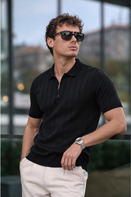 ModaYaren Black Men's Polo Collar Half Zipper Black T-Shirt- Trendyol