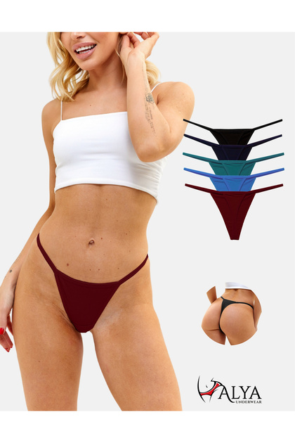 Damen-Tanga-Slip mit Kordelzug, Baumwoll-String-Unterwäsche – 5 verschiedene Farben in einer Packung 1301p