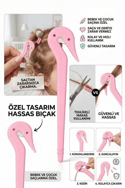 TRKPlastik Çocuk Saç Lastiği Kesici Acısız Toka Çıkarma Aparatı (1 ADET)