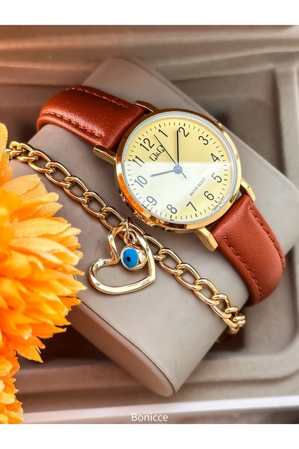Marka Retro Taba Renk , 24 ay Garantili, Su Geçirmez, Deri Kordon Erkek Kol Saati+Bileklik