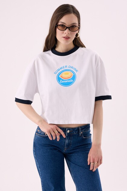 Crep Women's Summer Drink Lemon Printed Crew Neck Short Sleeve T-Shirt – Oversize Fit 100% Cotton