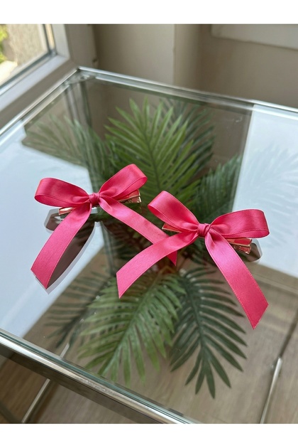 Set of 2 Fuchsia Pink Satin Bow Ribbon Clip Buckle