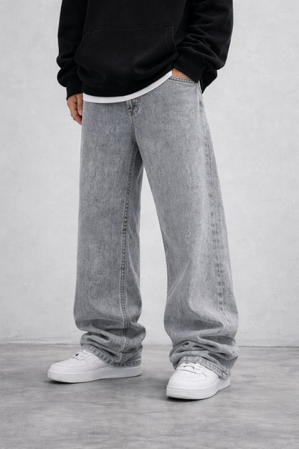 Men's Gray Baggy Jean – Wide Fit Washed Denim Trousers