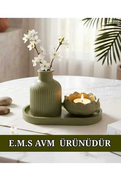 SET VASE PAMPAS, SUPORT LUMÂNARE LOTUS, PLATĂ DECORATIVĂ, SET FIGURINE, 3 PIESE, CULOARE VERDE MENTĂ.