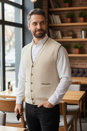 Cream V Neck Wool Vest 525 America Paige: Button Front Cable Vest