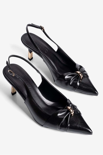 Women's Stiletto Pointed Toe Bow and Gold Ring Detailed Open Back Heeled Shoes Calyra Black