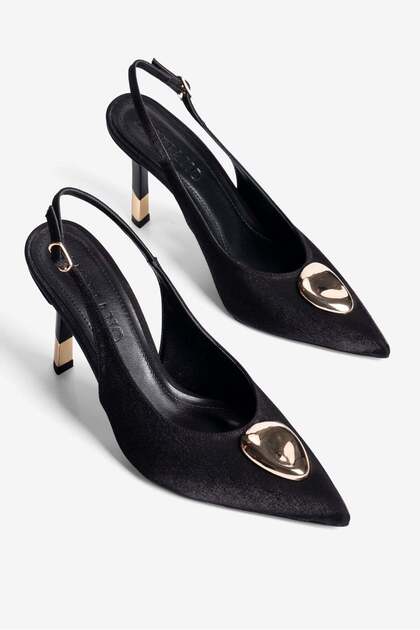 Women's Satin Stiletto Pointed Toe Gold Detailed Open Back Heeled Shoes Veluna Black