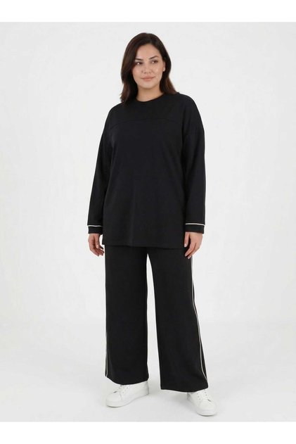 Soft Buttoned Contrast Detailed Tunic&Pants Plus Size Set - Black -