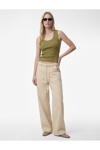 Cotton Regular Waist Wide Leg Pants with Belt - Wide Leg Jeans
