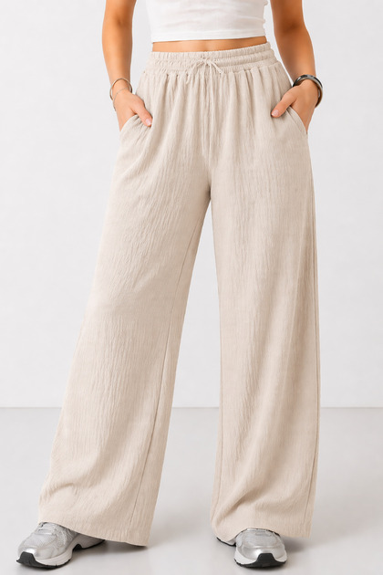 Women's Stone Elastic Waist Pocket Wide Leg Seasonal Trousers
