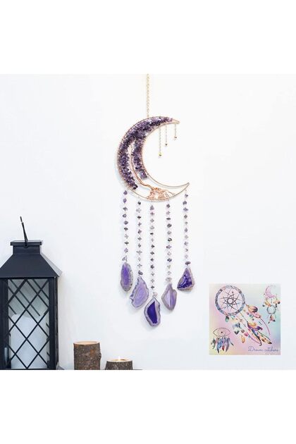 Agate Moon Dream Catchers,Crystal Purple Gemstone Tree of Life Wall Hangings for Room Decor