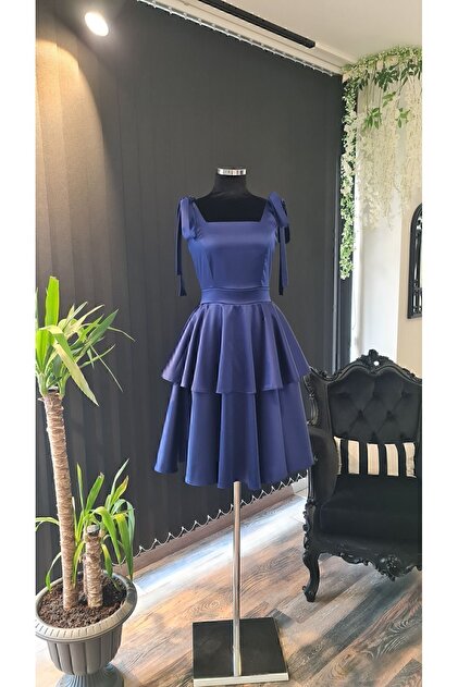 makbuleofficial Navy Blue Satin Square Collar, Sleeveless, Promise Engagement Graduation Dress with Bow on the Shoulders- Trendyol makbuleofficial Navy Blue Satin Square Collar, Sleeveless, Promise Engagement Graduation Dress with Bow on the Shoulders- Trendyol
