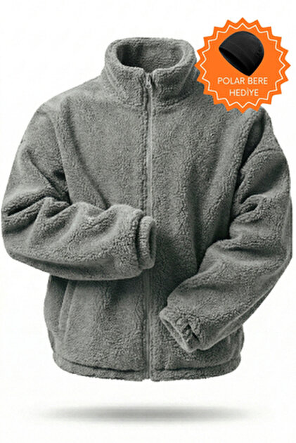 GENIUS STORE Oversize Peluş Tam Fermuarlı Sweatshirt Peluş İçi