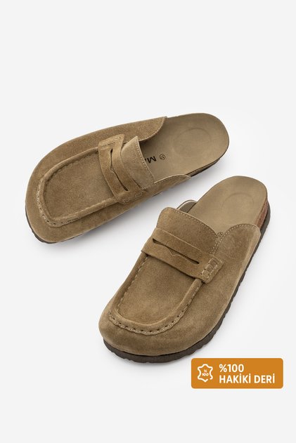 Damen-Hausschuhe aus echtem Leder mit Eva-Sohle, vorne geschlossen, Sabo Olive Wildleder, Olive, Daily-Hausschuhe, Solevu Soil Wildleder