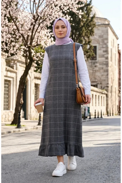Checkered Textured Gilet Dress 2514-01 Gray