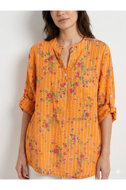 Women's Orange Italian Line and Floral Patterned Fakir Cufflinks Judge Collar Blouse 40 - 44 Size