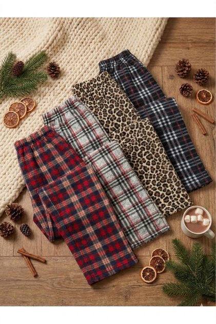 Women's Winter Fleece Pajama Bottoms Set of 4 - Plaid, Leopard Pattern