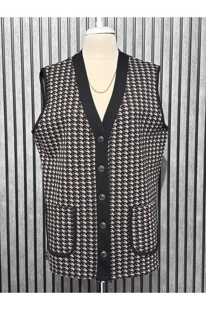 Steel Knit 5 Button Houndstooth Patterned Mother Vest Black Beige