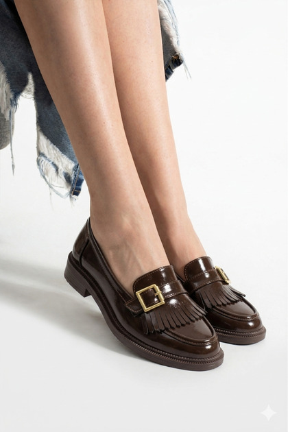 Premium Masculine: Gold Buckled Black & Brown Patent Leather and Suede Textured Women's Loafers Collection
