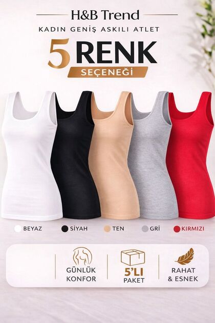 Women's Colorful Wide Strap Elastane Undershirt 5 Colors 5 Pieces (Red Skin Black White Gray)