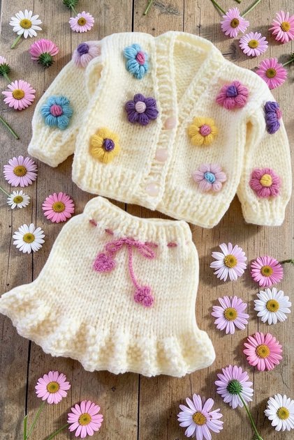 El Knitted Baby/Child Daisy Double Set/Cardigan Skirt Model/Hairpin Bandana Gift