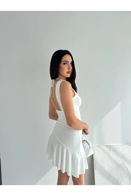 Paris Store Deep V-Neck Backless Mini Dress Draped Stylish Sleeveless -  White- Trendyol