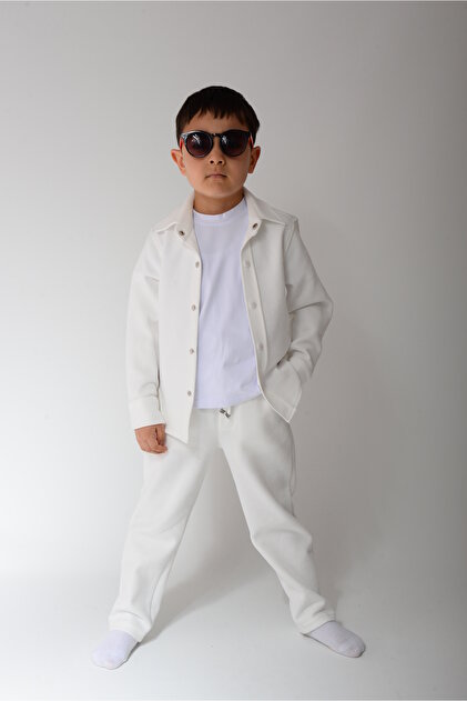 Boys' White Slim Fit Lycra Shirt+Badi+Jagger Bottom Set (100% Cotton)