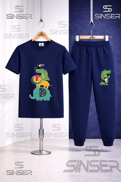 Children's Animal Ust Uste Coklu Printed T-Shirt and Sweatpants Set