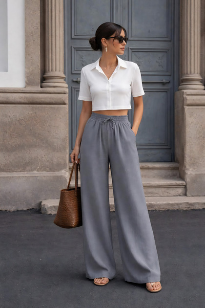 Women's High Waist Wide Leg Comfortable Fit Muslin Trousers