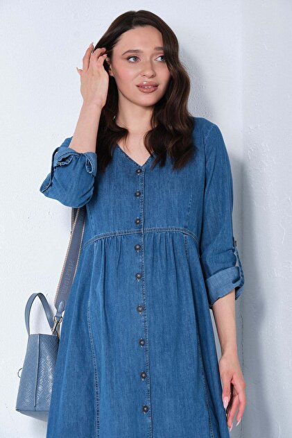 BUSA Maternity Long Sleeve Buttoned V-Neck Midi Length Denim Dress Blue- Trendyol BUSA Maternity Long Sleeve Buttoned V-Neck Midi Length Denim Dress Blue- Trendyol