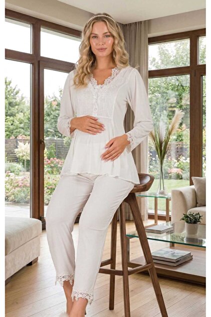 New Season Ecru Lace Detailed Special Design 100% Cotton Maternity Pajama Set