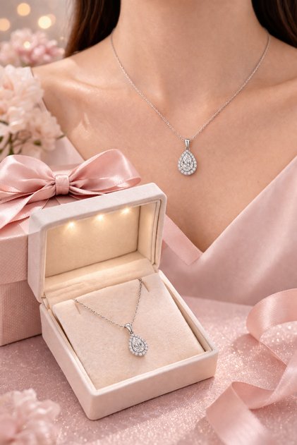 Garantili, Işıklı kutuda 1 karat damla kolye