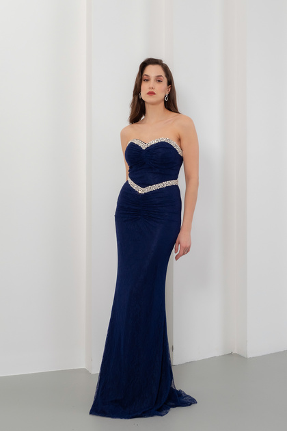 Lafaba Women's Navy Blue Strapless Collar Lace Detail Stoned Long Evening  Dress- Trendyol