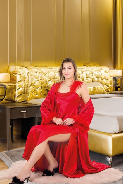 The Sparkle of Red Passion: Satin Nightgown & Robe Set with Feather Detail